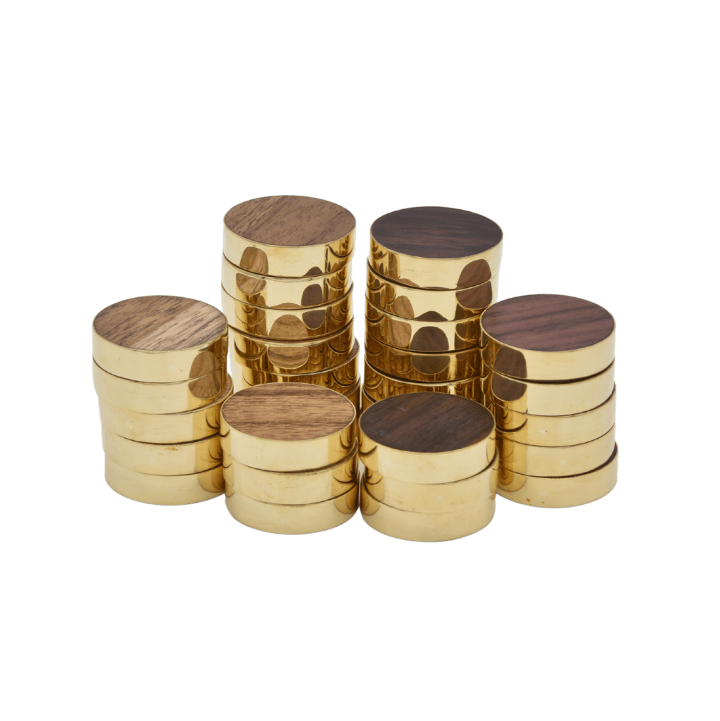 WOOD & BRASSED RINGED BACKGAMMON CHECKERS