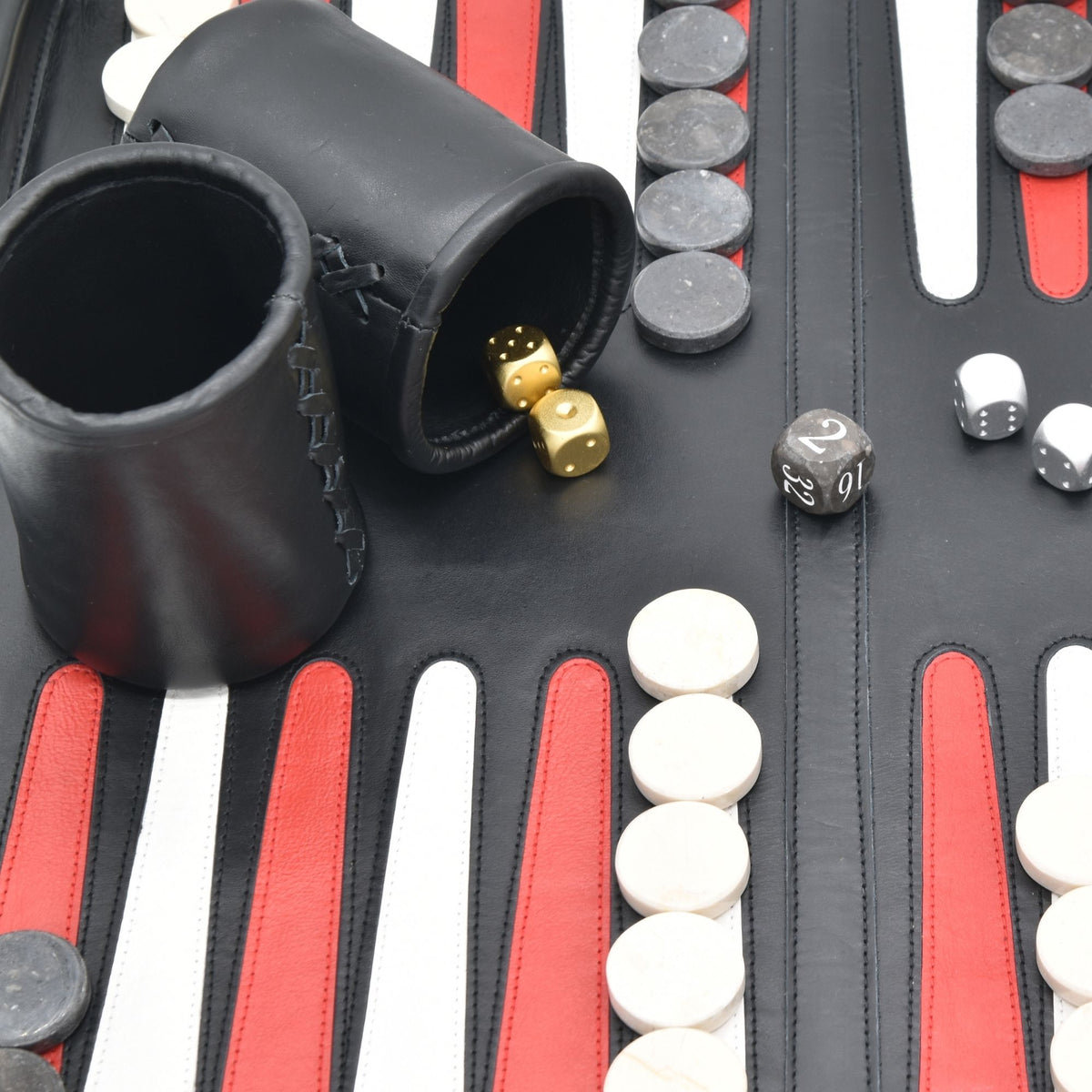 handcrafted black leather roll up travel backgammon with marble