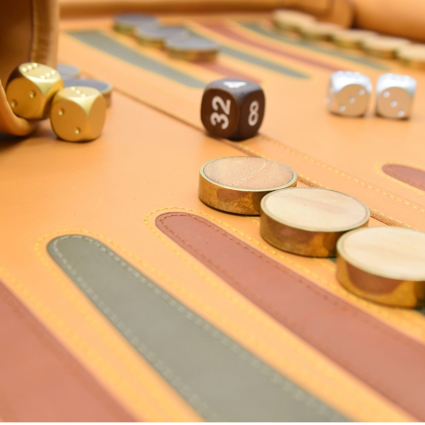 ROLL UP SET OCHRE YELLOW W/ WOOD BRASS RINGED CHECKERS
