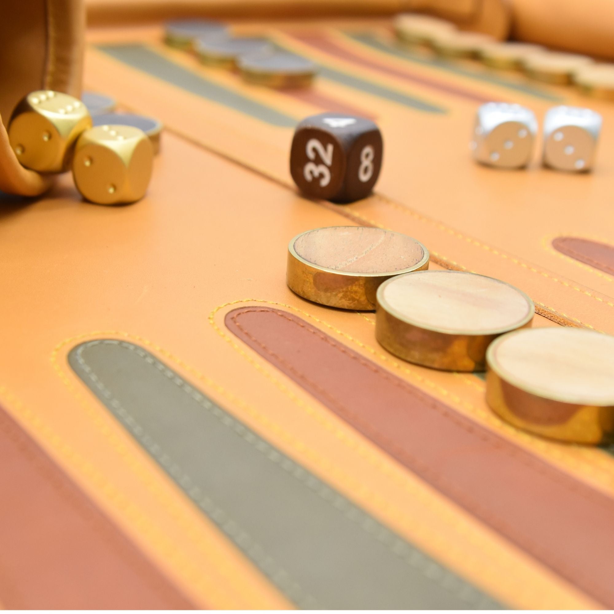 ROLL UP SET OCHRE YELLOW W/ WOOD BRASS RINGED CHECKERS