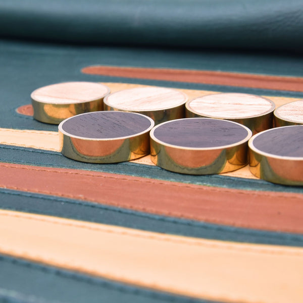 DOLLAR BILL GREEN & BRASS -RINGED WOOD CHECKERS