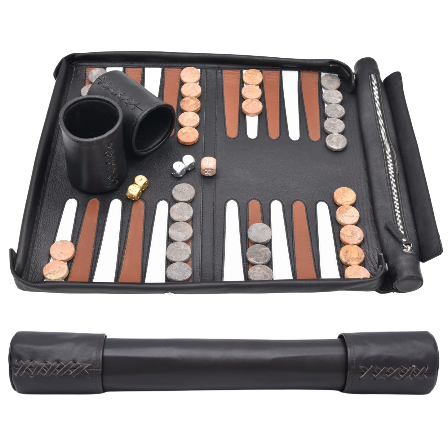 BLACK BROWNS & MARBLE | Leather Roll-Up Backgammon Board
