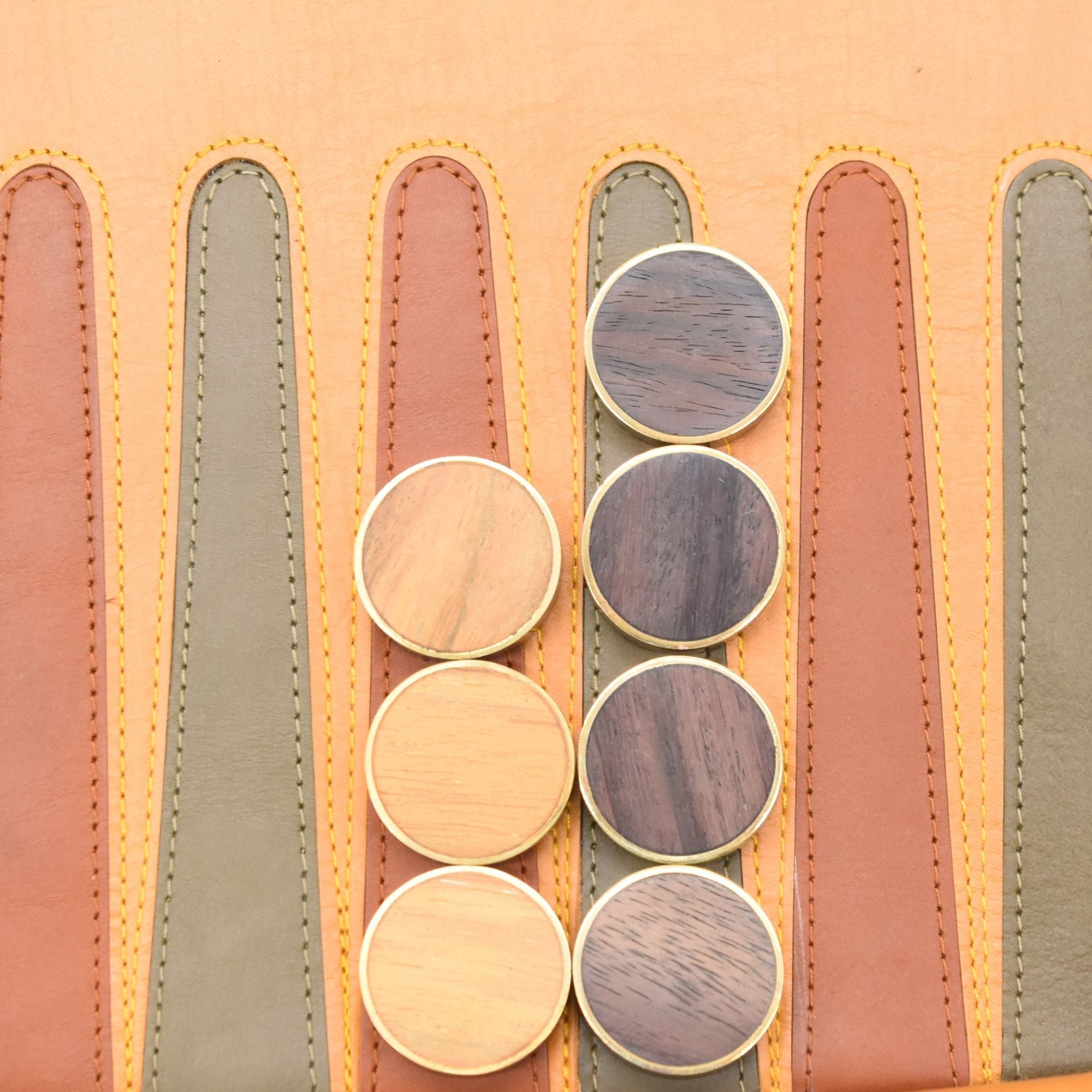 ROLL UP SET OCHRE YELLOW W/ WOOD BRASS RINGED CHECKERS