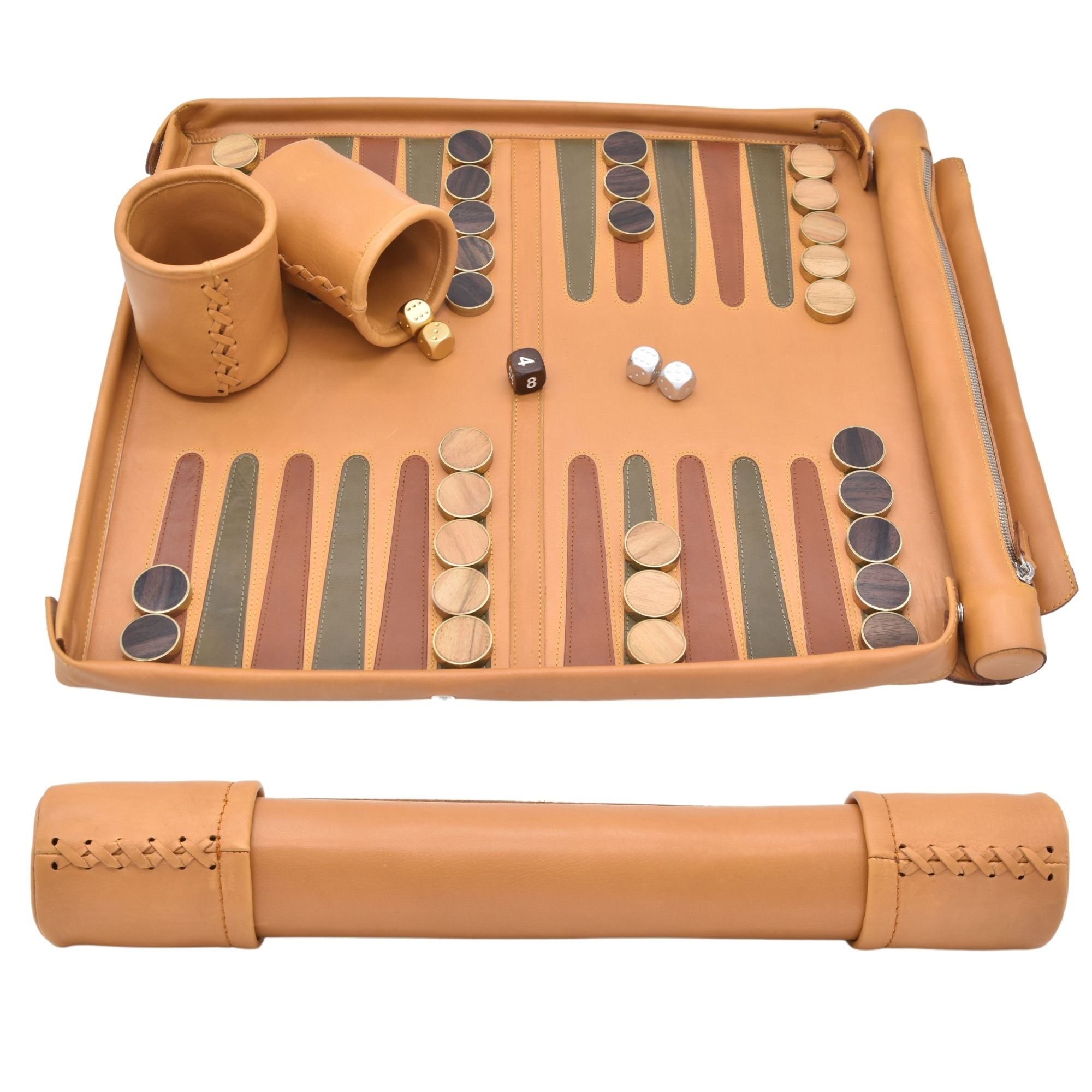 ROLL UP SET OCHRE YELLOW W/ WOOD BRASS RINGED CHECKERS