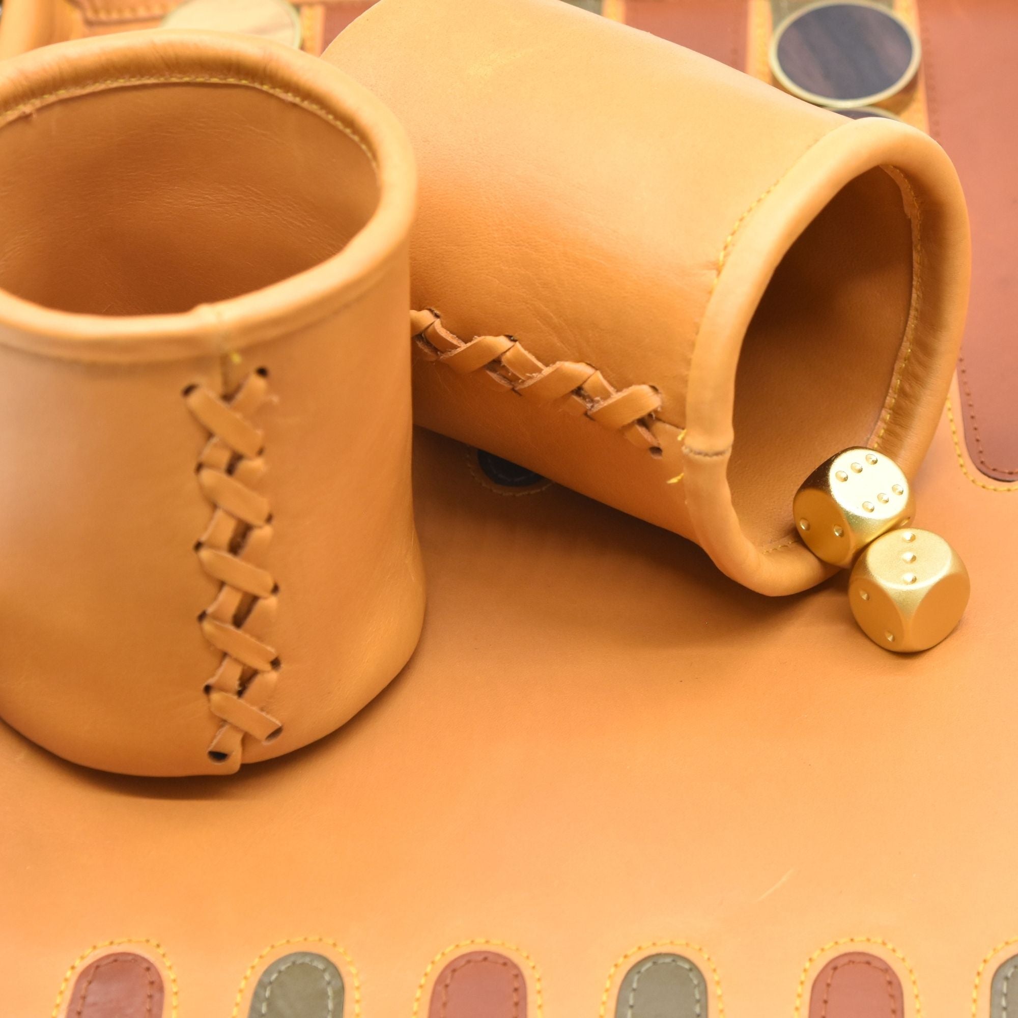 ROLL UP SET OCHRE YELLOW W/ WOOD BRASS RINGED CHECKERS