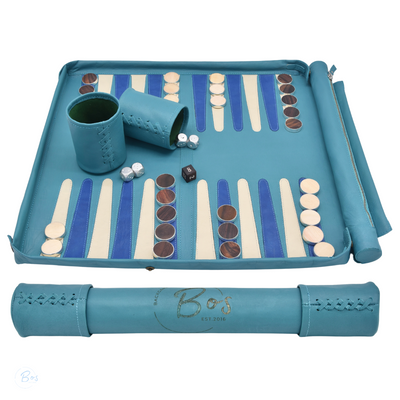 blue backgammon set with marble checkers