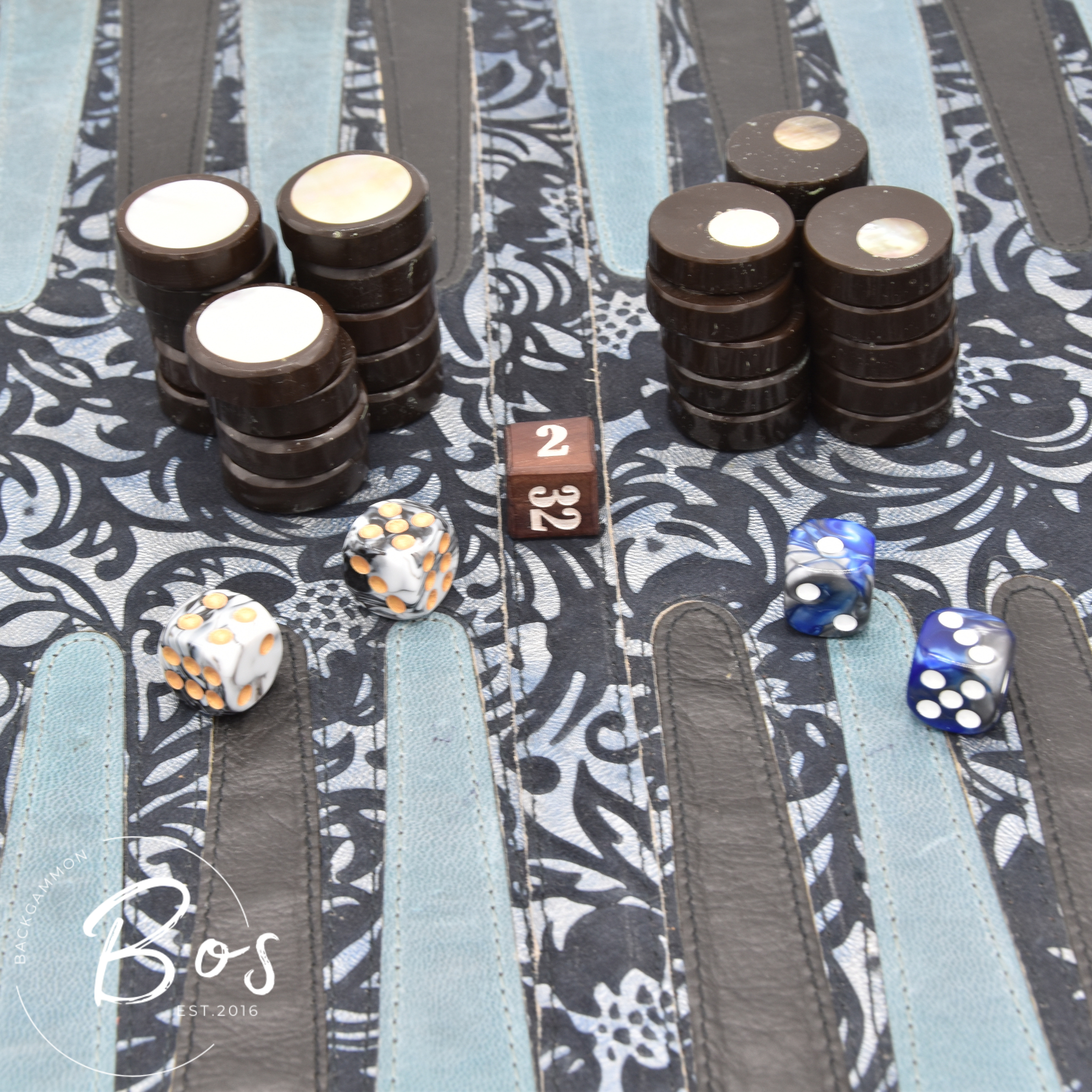Engraved Blue leather backgammon set with resin checkers