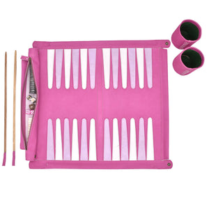 Fuschia backgammon set with wood and mother of pearl inlay checkers